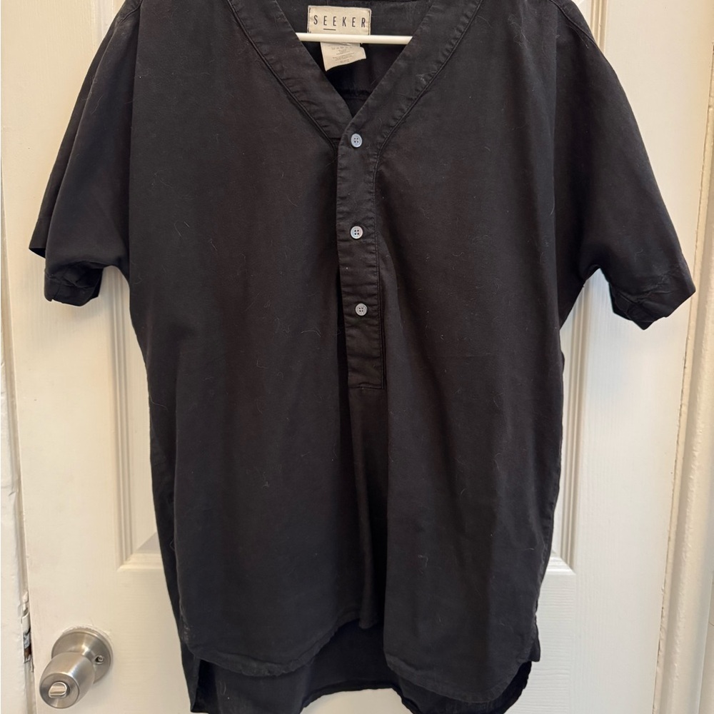 Black Casual Button Down Shirt with Short Sleeves and Relaxed Fit